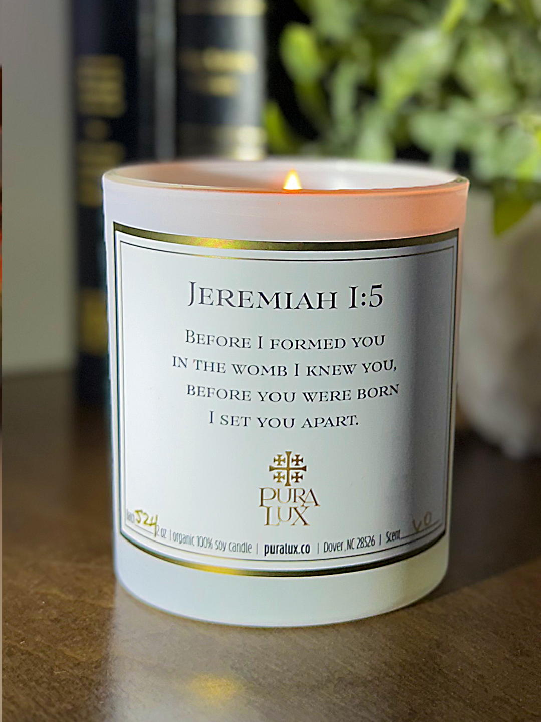 Handmade Christian candle featuring Jeremiah 1:5 Scripture, symbolizing God’s purpose and calling